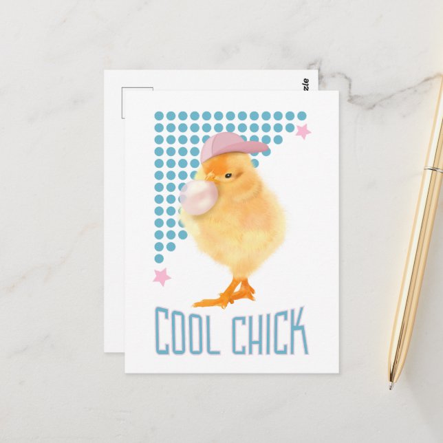 Retro Bubblegum Blowchick - Cool Chick Postkarte (Vorderseite/Rückseite Beispiel)