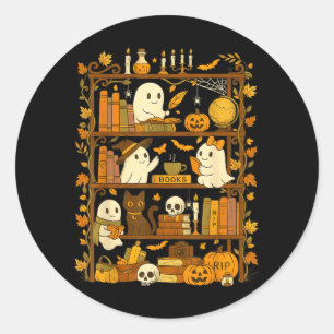 Retro Bücherregal schwarze Katze Halloween Geist l Runder Aufkleber