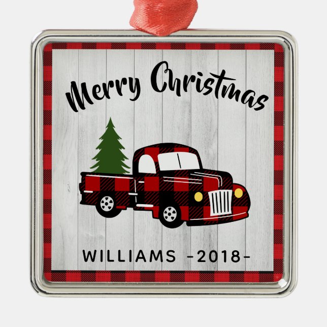 Retro Buffalo Kariert Personalisiert Ornament Aus Metall (Vorne)