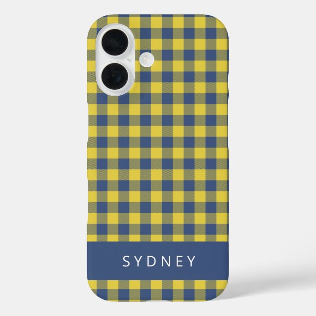 Retro Buffalo Kariert Yellow Blue Personalisierter iPhone 16 Hülle (Rückseite)
