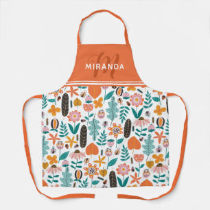 Retro Bugs & Blume Muster Orangefarbenes Monogramm Schürze