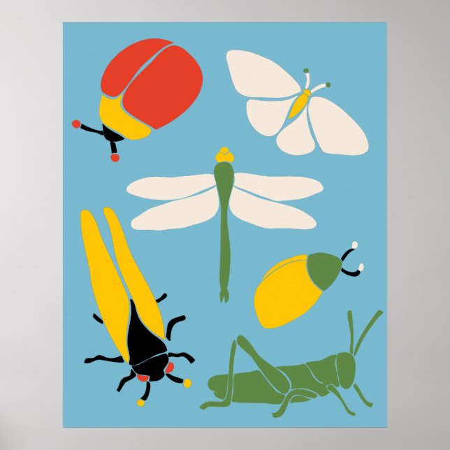 Retro Bugs Insekten Illustrationen Light Blue Poster (Vorne)