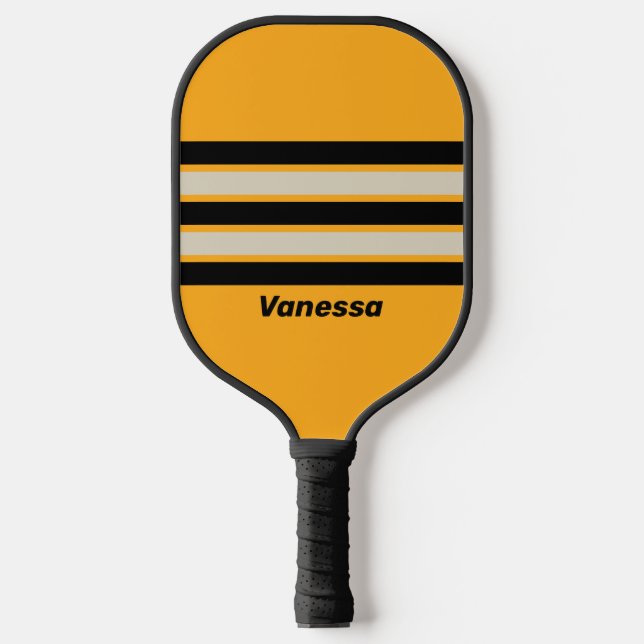 Retro Bumblebee Buzz durch Strippen mit Namen Pickleball Schläger (Vorderseite)