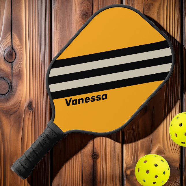 Retro Bumblebee Buzz Streifen mit Namen Pickleball Schläger (Von Creator hochgeladen)