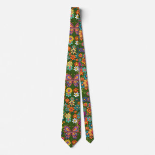 Retro-bunte Blumenmuster. D grüner Hintergrund Krawatte