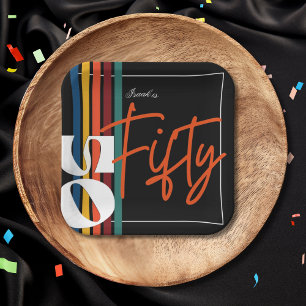 Retro-bunte gestreifte Fifty-Birthday-Party-Chic Pappteller