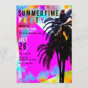Retro bunte Sommerzeit-Strand-Party-Palmen Einladung