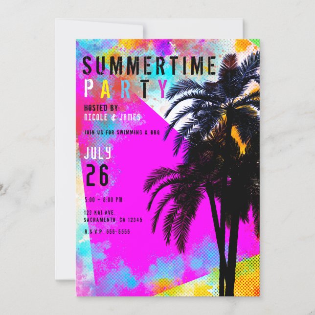 Retro bunte Sommerzeit-Strand-Party-Palmen Einladung (Vorderseite)