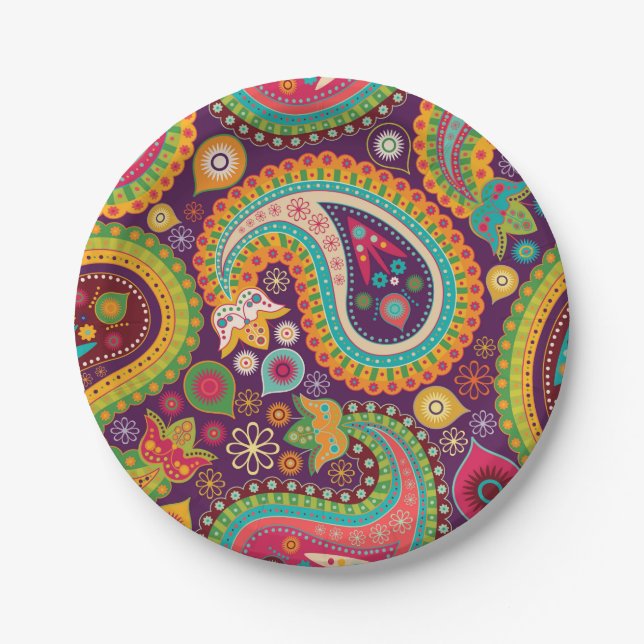 Retro buntes schönes Boho Bohemisches Paisley Pappteller (Vorderseite)