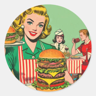 Retro Burger-Comicen Runder Aufkleber