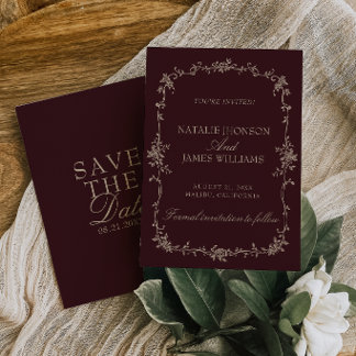 Retro Burgund Tamarinde Floral Old Money Hochzeit Save The Date