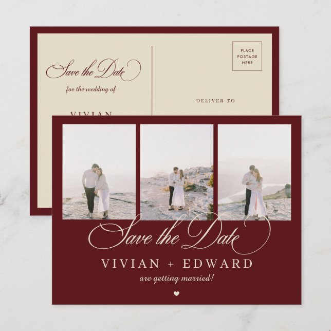 Retro Burgundy Ivory 3 Photo Collage Save The Date Postkarte (Vorne/Hinten)