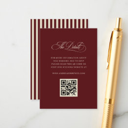Retro Burgundy Stripes QR Code Wedding Details Begleitkarte