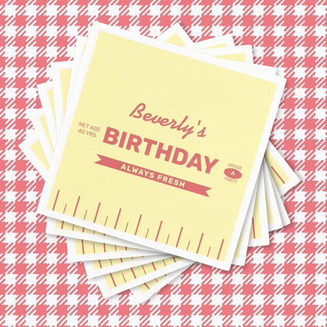 Retro Butter Stick Personalized Red Birthday Party Serviette (Retro stick of butter personalized birthday napkins in butter yellow with sweet red accents.)