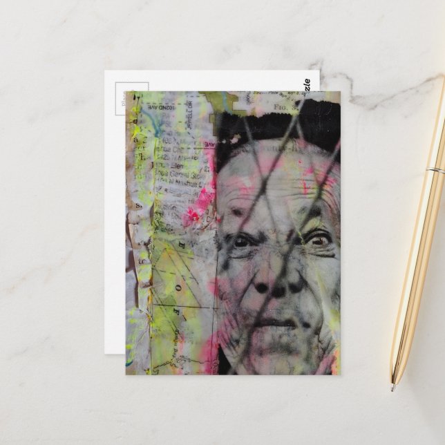 retro caged man junk journal Mixed Media Collage Postkarte (Vorderseite/Rückseite Beispiel)