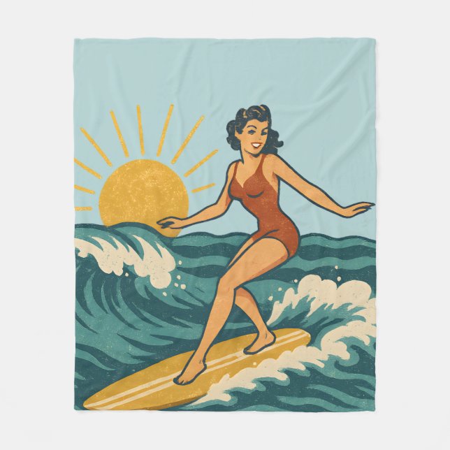 Retro California Pin-Up Surfer Blue Coastal Print Fleecedecke (Vorderseite)