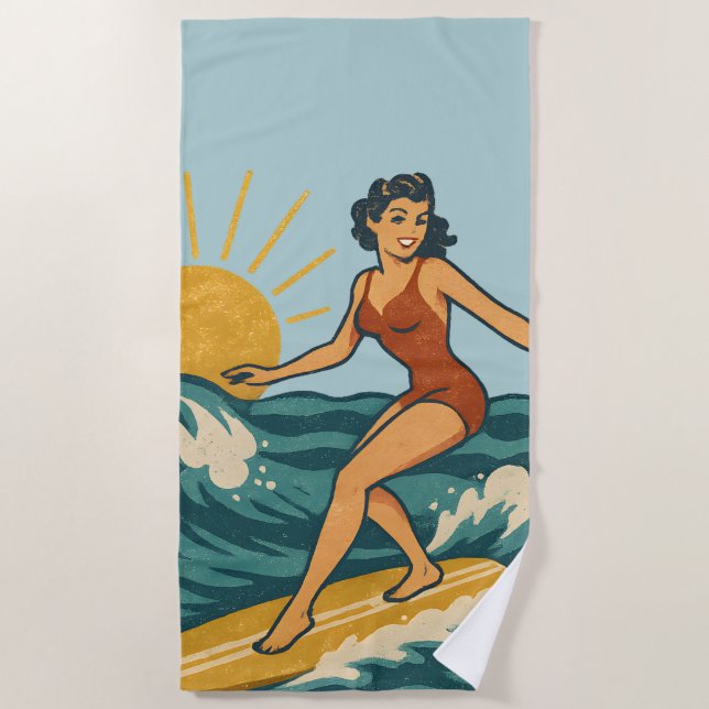 Retro California Pin-Up Surfer Blue Coastal Print Strandtuch (Vorderseite)