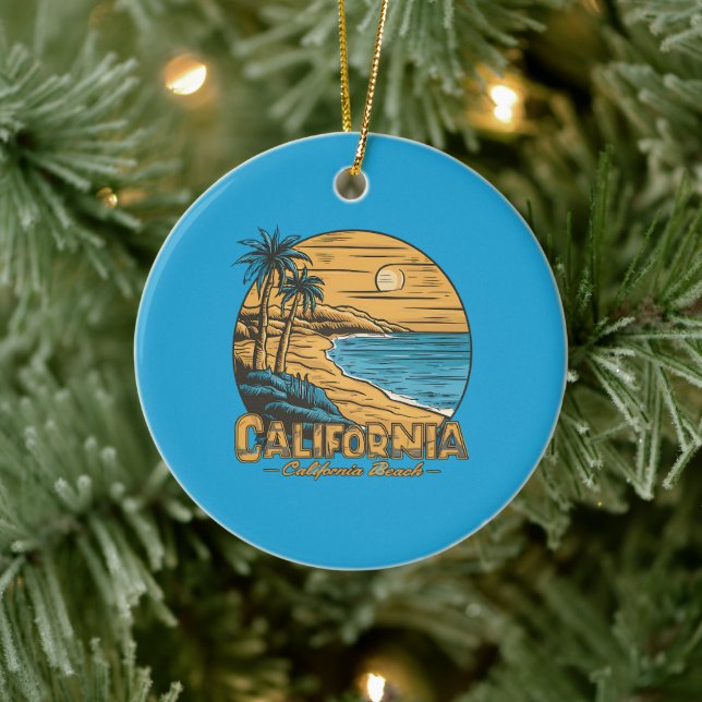 Retro California Sunset Beach Scene Keramik Ornament (Baum)