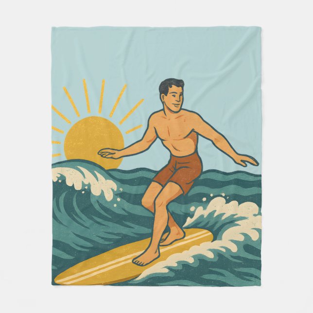 Retro California Surfer Blue Coastal Surfing Print Fleecedecke (Vorderseite)