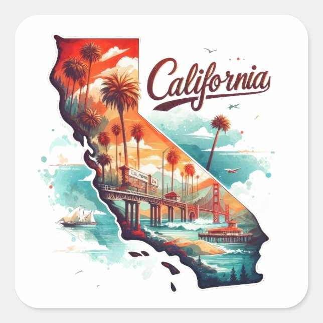 Retro California USA Map Travel Souvenir Quadratischer Aufkleber (Vorderseite)