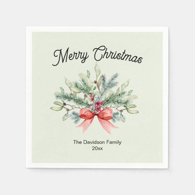 Retro Calligrafie Frohe Weihnachtsfamiliengrün Serviette (Vorderseite)