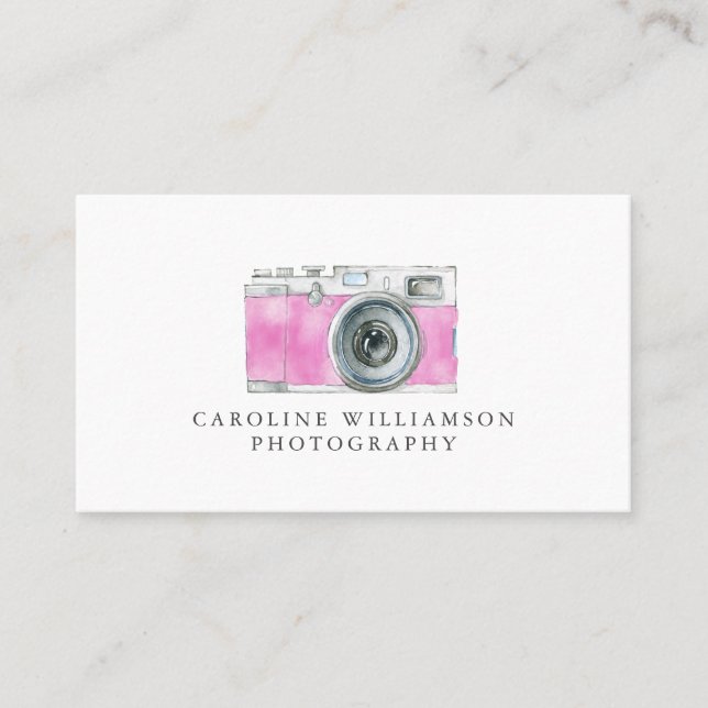 Retro Camera Pink Watercolor Art Fotologo  Visitenkarte (Vorderseite)