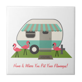 Retro Camper mit Flamingos Fliese