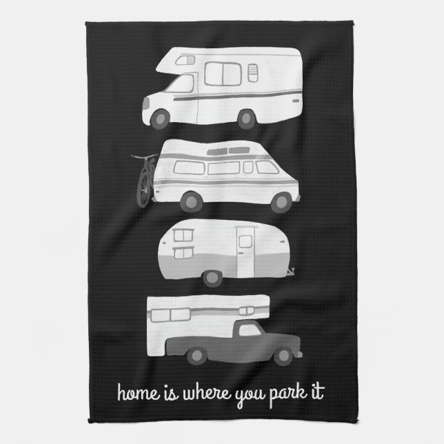 Retro Camper Motorhome RV Vanlife Schwarz-weiß Geschirrtuch (Vertikal)