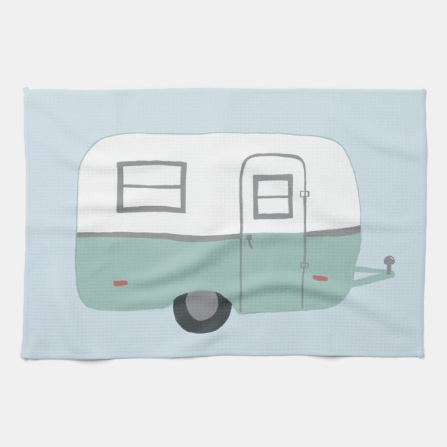 Retro Camper Trailer blaues Küchentuch (Horizontal)