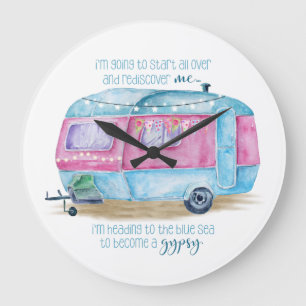 Retro Camper-Wohnwagen-Blau   rosa u. weißes Große Wanduhr