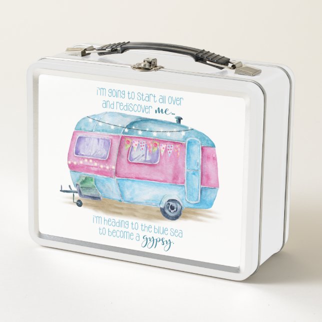 Retro Camper-Wohnwagen-Blau | rosa u. weißes Metall Brotdose (Vorderseite)