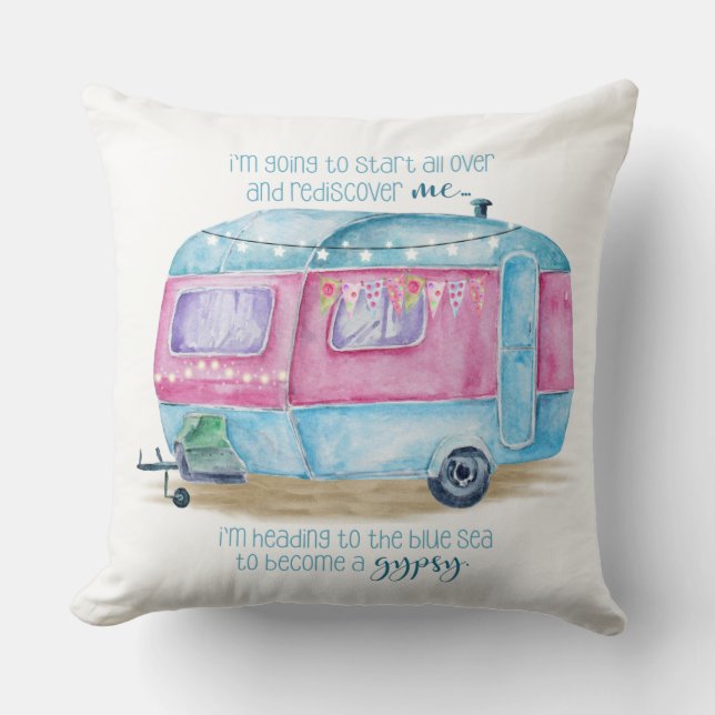 Retro Camper-Wohnwagen-blaues, rosa und weißes Kissen (Vorderseite)