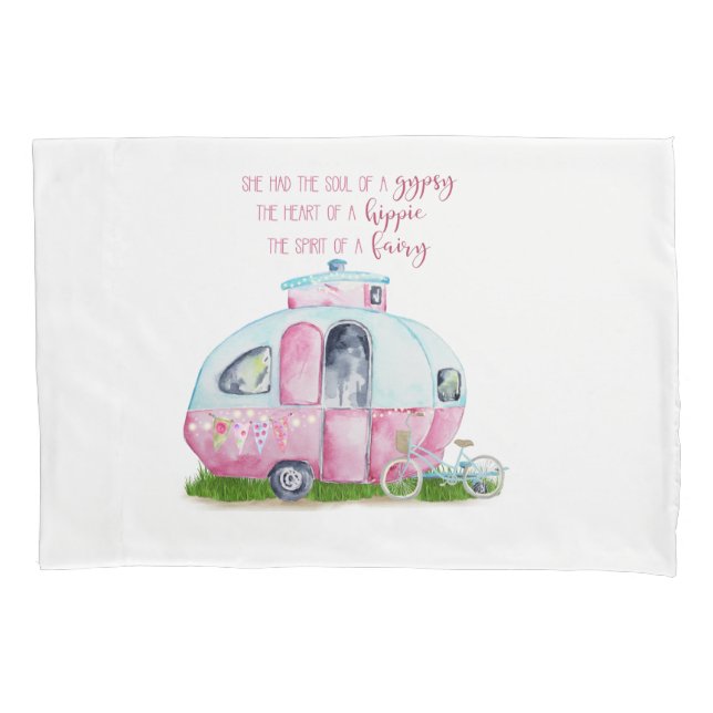 Retro Camper-Wohnwagen-rosa und weißer Kissenbezug (Vorderseite)