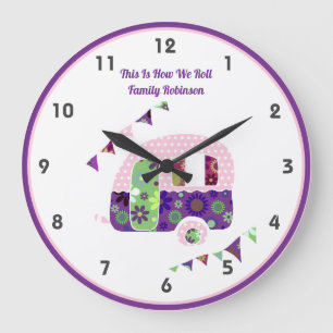 Retro-Campervan Lila Rosa Hippie Shabby Chic Große Wanduhr