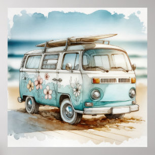Retro-Campervan mit Hippie-Blumen und Surfbrett Poster