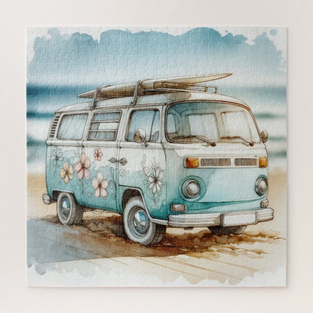 Retro-Campervan mit Surfbrett (Vertikal)