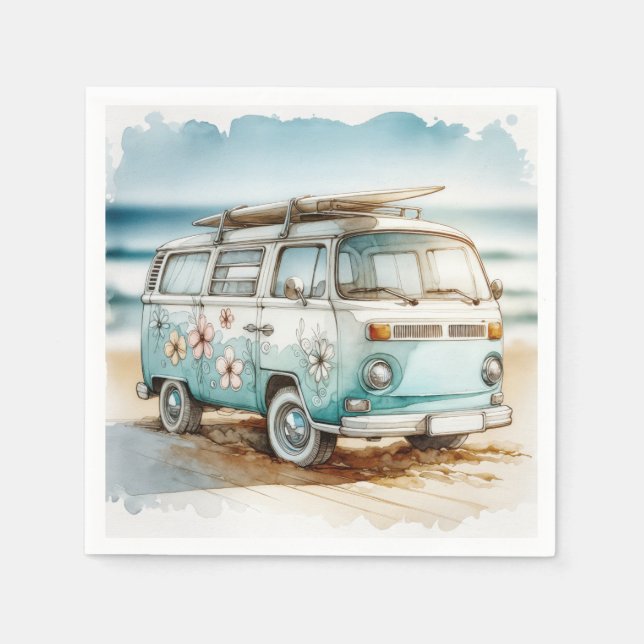 Retro-Campervan mit Surfbrett Serviette (Vorderseite)