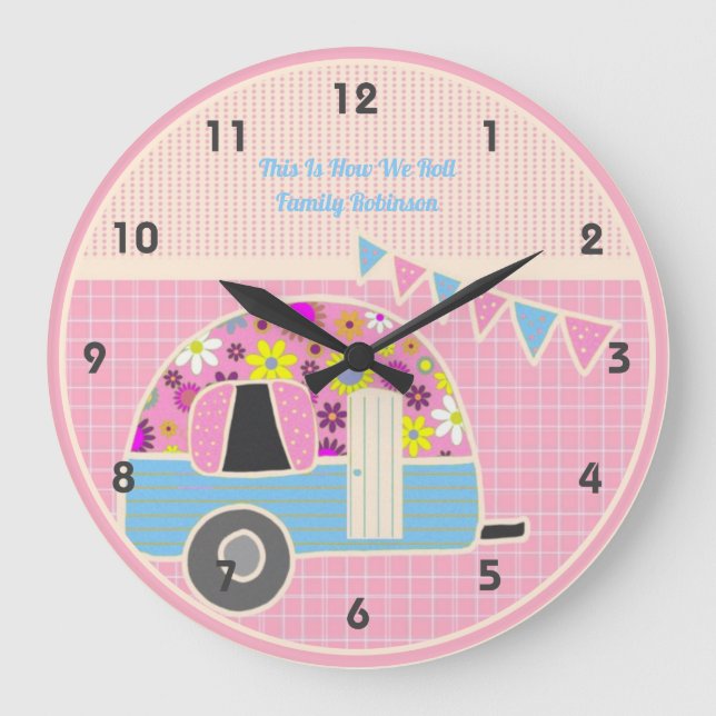Retro Campervan Pink Blue Hipster Shabby Chic Große Wanduhr (Vorderseite)