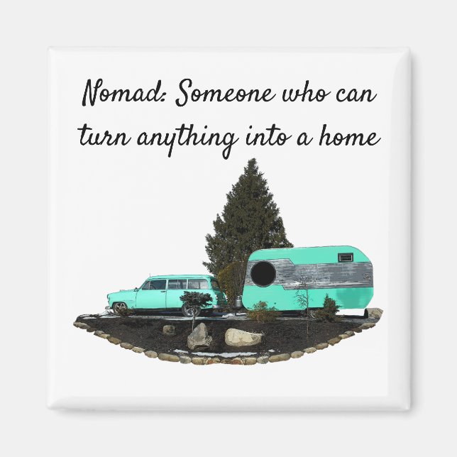 Retro Camping Auto Trailer Nomad Magnet (Vorne)