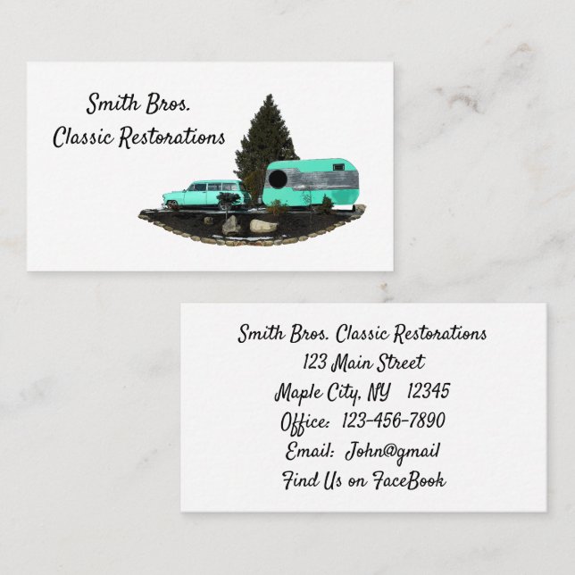 Retro Camping Car Trailer Business Cards Visitenkarte (Vorne/Hinten)