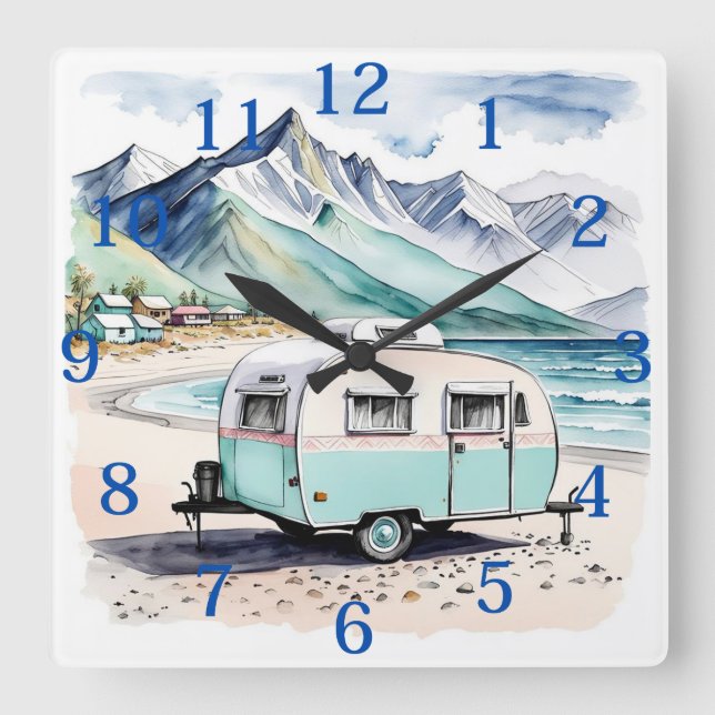 Retro Camping Caravan Beach Scene Quadratische Wanduhr (Vorderseite)