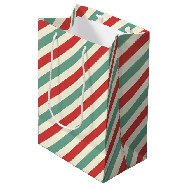 Retro Candy Cane Weihnachtsstreifen Rot Grün Mittlere Geschenktüte (Vorderseite Schrägansicht)