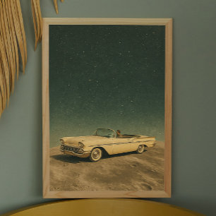 Retro Car auf dem Mond. Vintage Weltraumkunst Poster