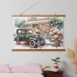 Retro Car & Blooming Boutique Scene Wandteppich Mit Holzrahmen