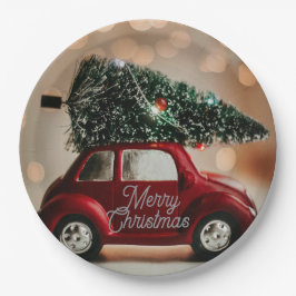 Retro Car Carrying Christmas Tree Paper Plates Pappteller