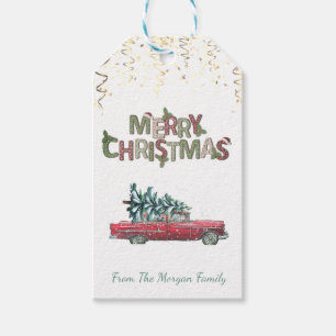 Retro Car, Pine Tree, Confetti, frohe Weihnachten Geschenkanhänger