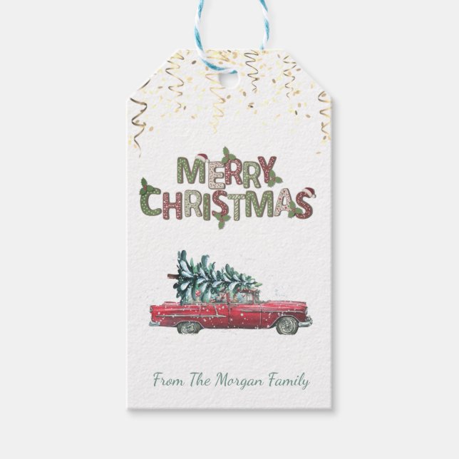 Retro Car, Pine Tree, Confetti, frohe Weihnachten Geschenkanhänger (Vorderseite)