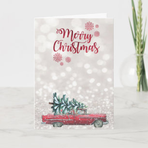 Retro Car Pine Tree, Glittery Bokeh Feiertagskarte