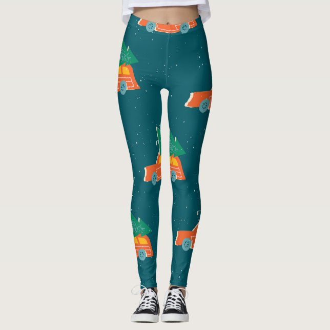 Retro Car Weihnachtsbaum Muster Leggings (Vorderseite)