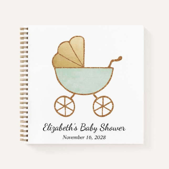 Retro Carriage Mint Green Baby Shooting Guest Book Notizbuch (Vorderseite)